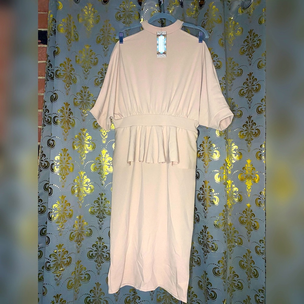 Open Shoulder Peplum Midi Dress